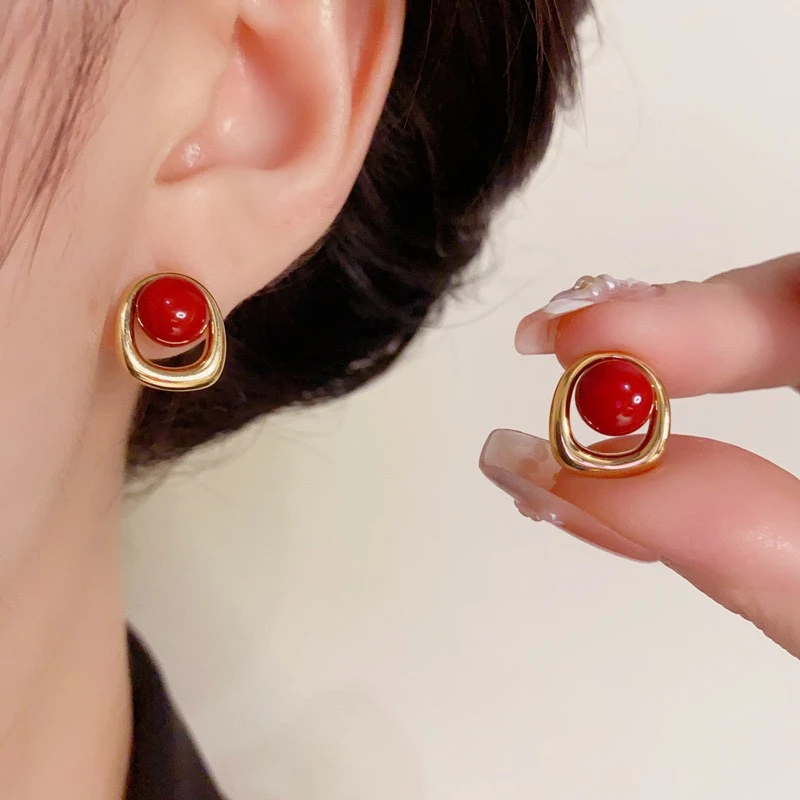 铜合金珐琅耳饰 简约百搭时尚优雅金属风珠珠小耳钉201