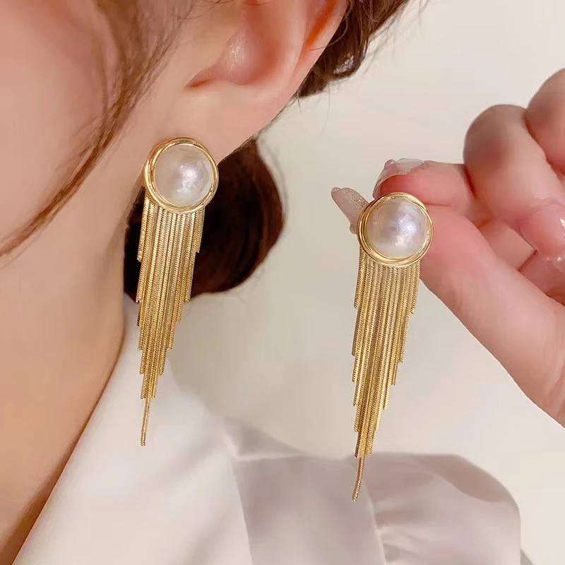 铜合金仿珍珠耳饰 复古港风搞僵珍珠长款流苏气质百搭耳饰657