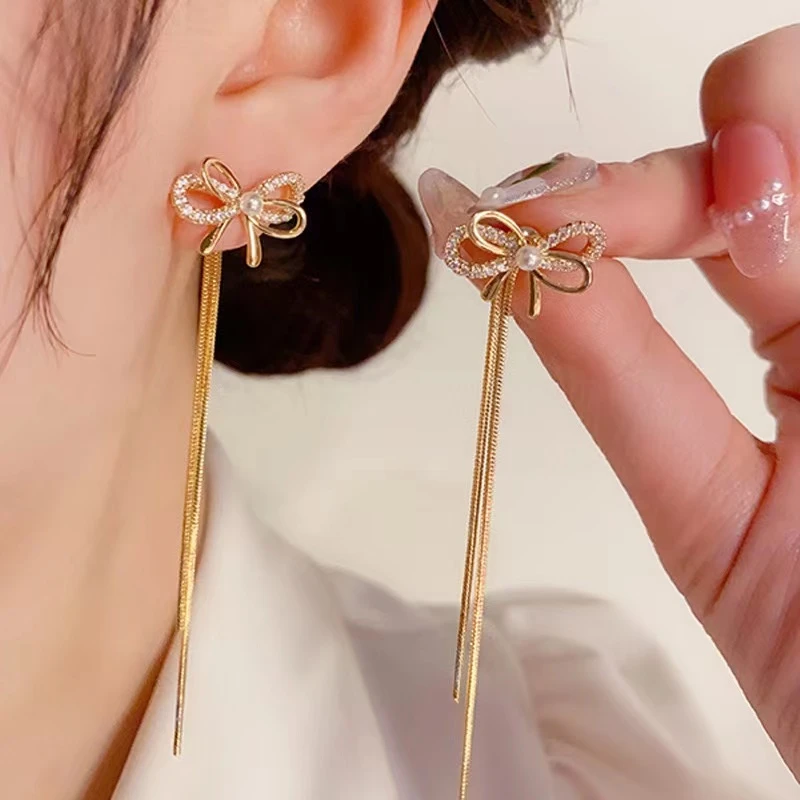 铜合金合成锆石耳饰 时尚精致微镶两戴款蝴蝶长款流苏耳饰785
