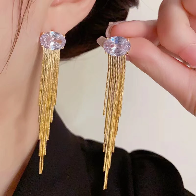 铜合金合成锆石耳饰 韩式名媛风超石显脸瘦长款流苏耳环084