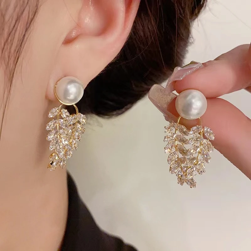 铜合金合成锆石耳饰 韩式甜美超闪树叶锆石珠珠吊坠耳饰080