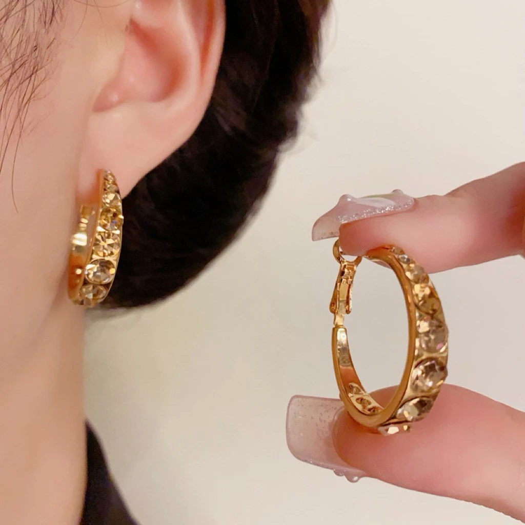 铜合金合成锆石耳饰 高级感复古法式美拉德色超闪锆石圈圈耳环983