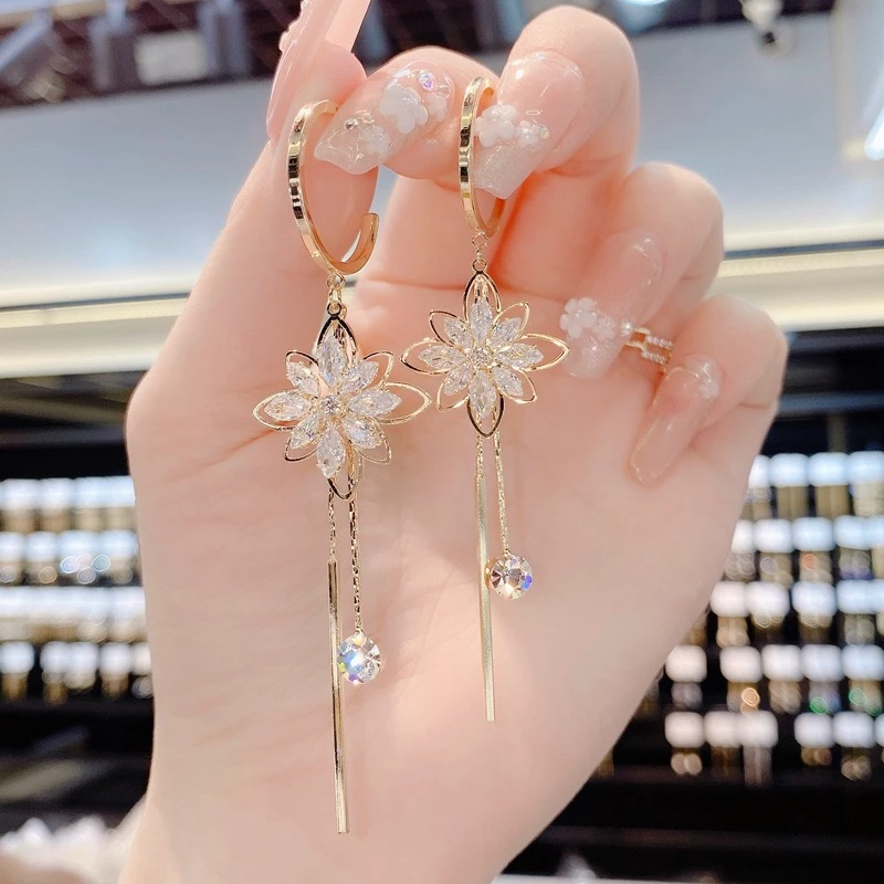 铜合金合成锆石耳饰 韩式时尚气质百搭锆石花朵长款流苏耳环945