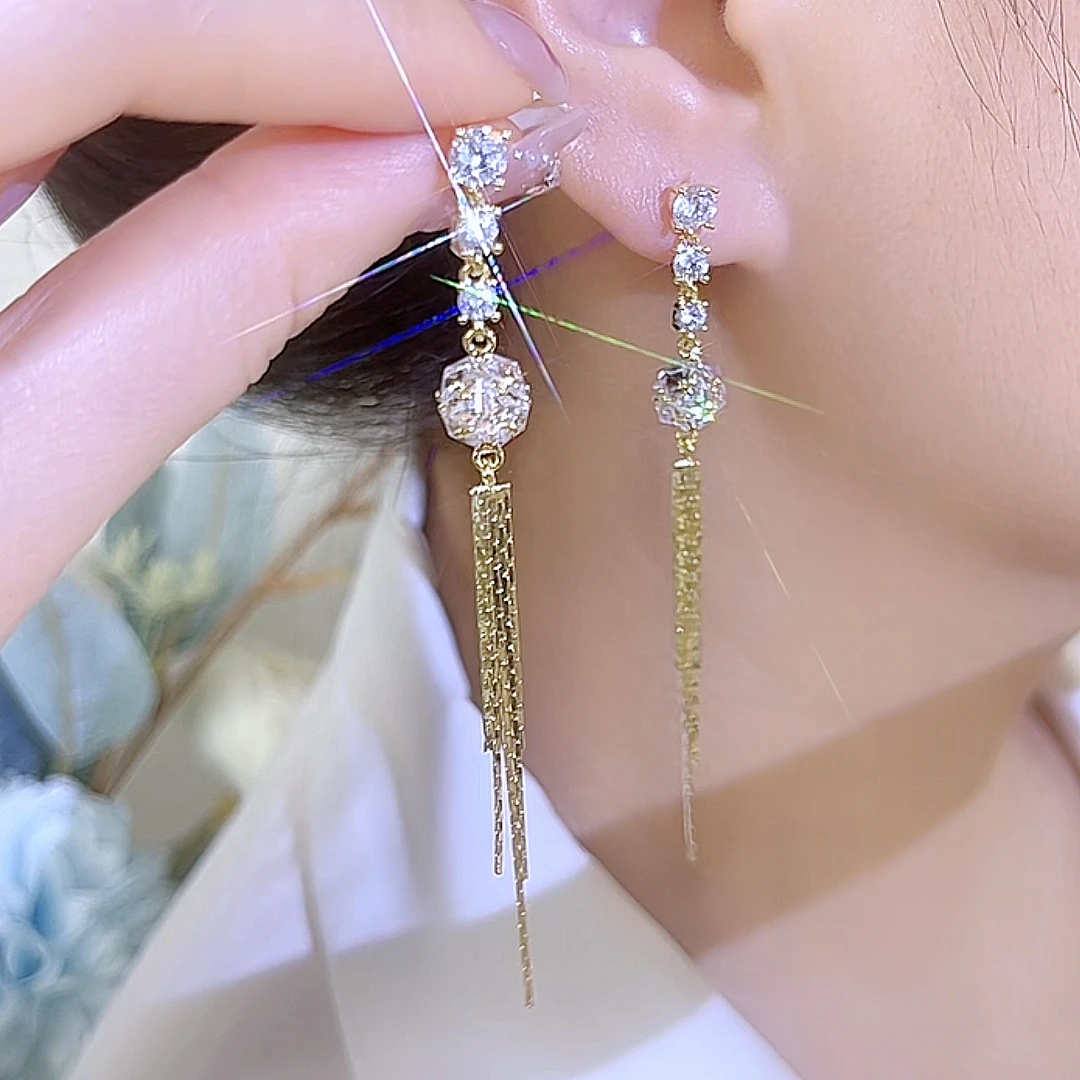 铜合金合成锆石耳饰 韩系时尚轻奢锆石球球长款流苏耳环874