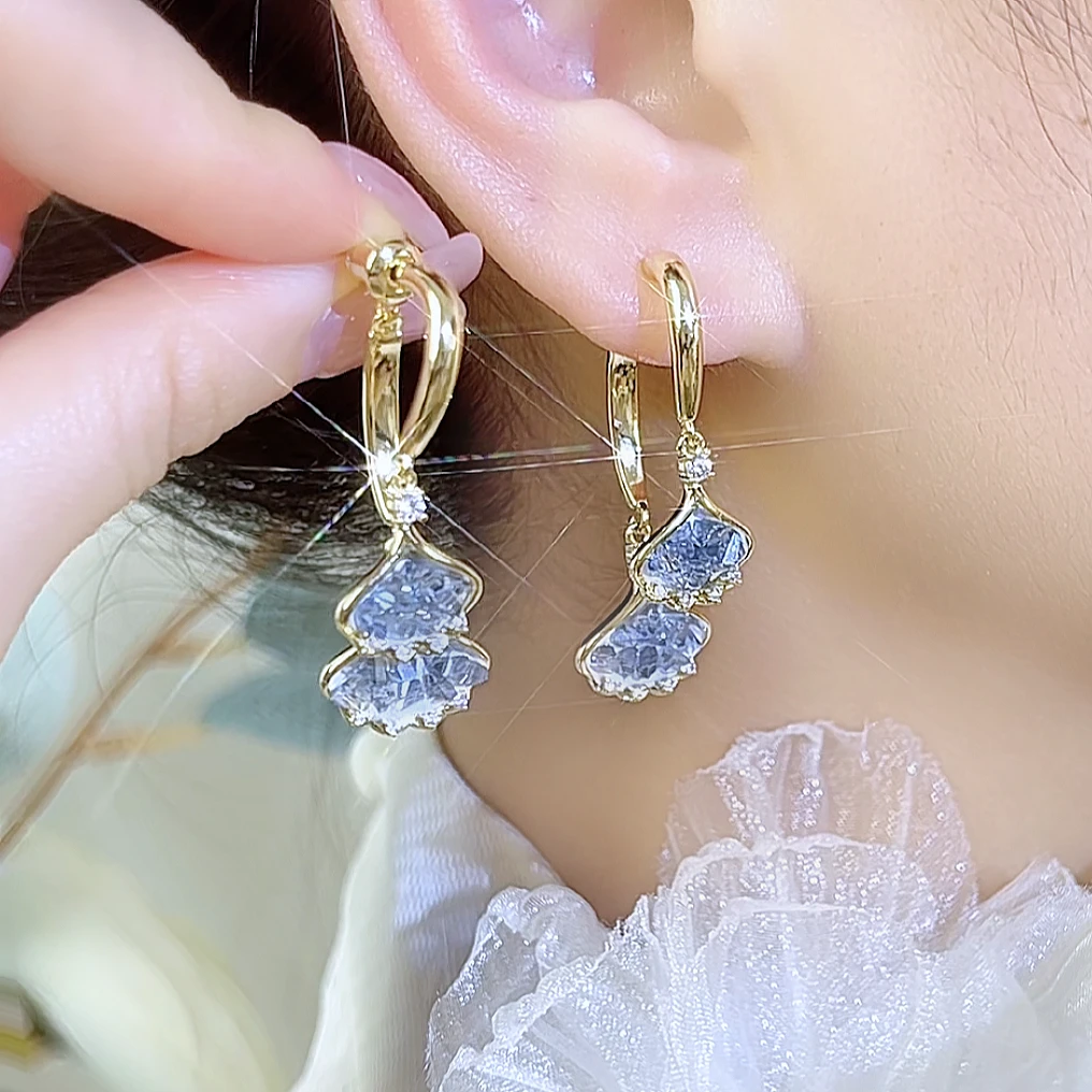 铜合金合成锆石耳饰 时尚温柔百搭锆石前后两戴款鱼尾吊坠耳环869