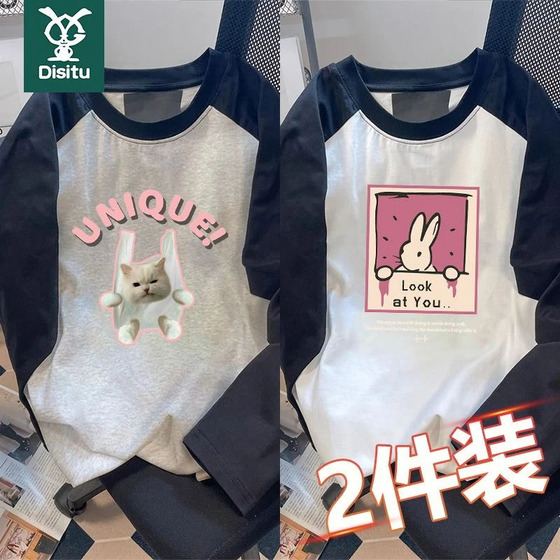 迪斯兔纯棉女中大童拼接插肩长袖T恤女孩秋装小众卡通打底上衣潮