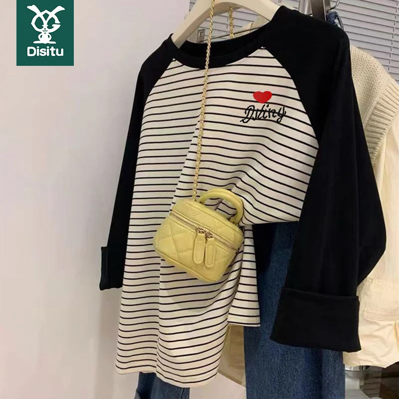 迪斯兔儿童秋冬纯棉条纹长袖女大童宽松插肩袖百搭t恤洋气上衣服