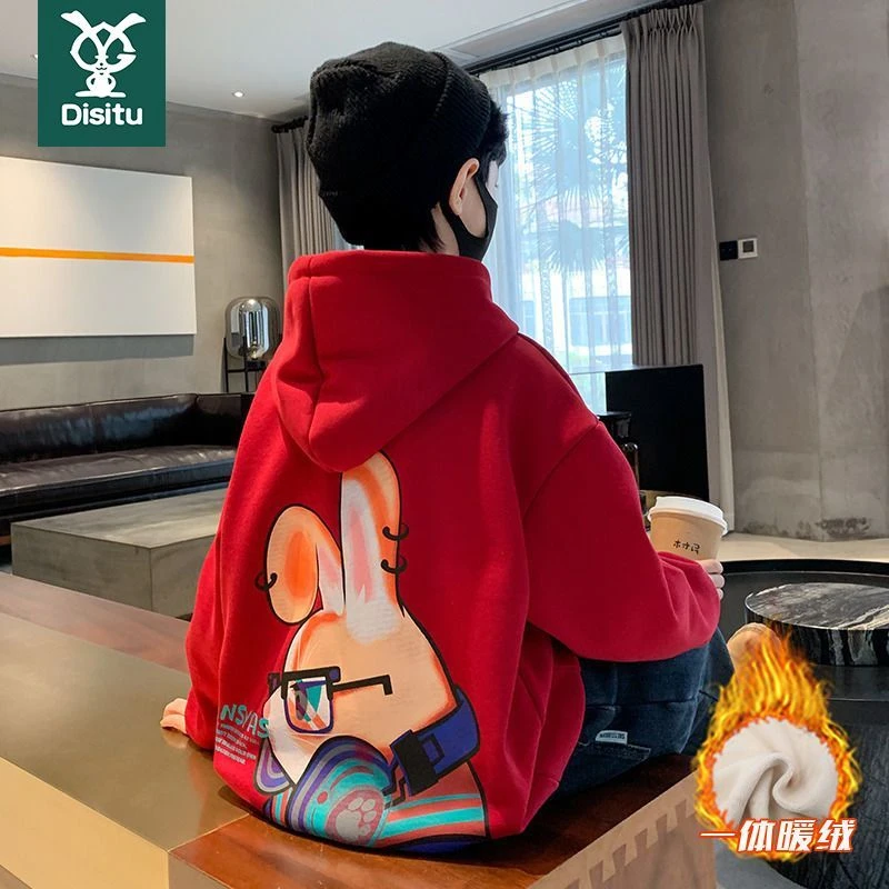 迪斯兔男童秋装新年福红色卫衣中大童加绒兔子卫衣炸街洋气套头衫