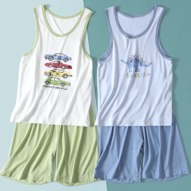 童衣品儿童睡衣男童家居服夏季中大童无袖薄款空调服男孩背心套装