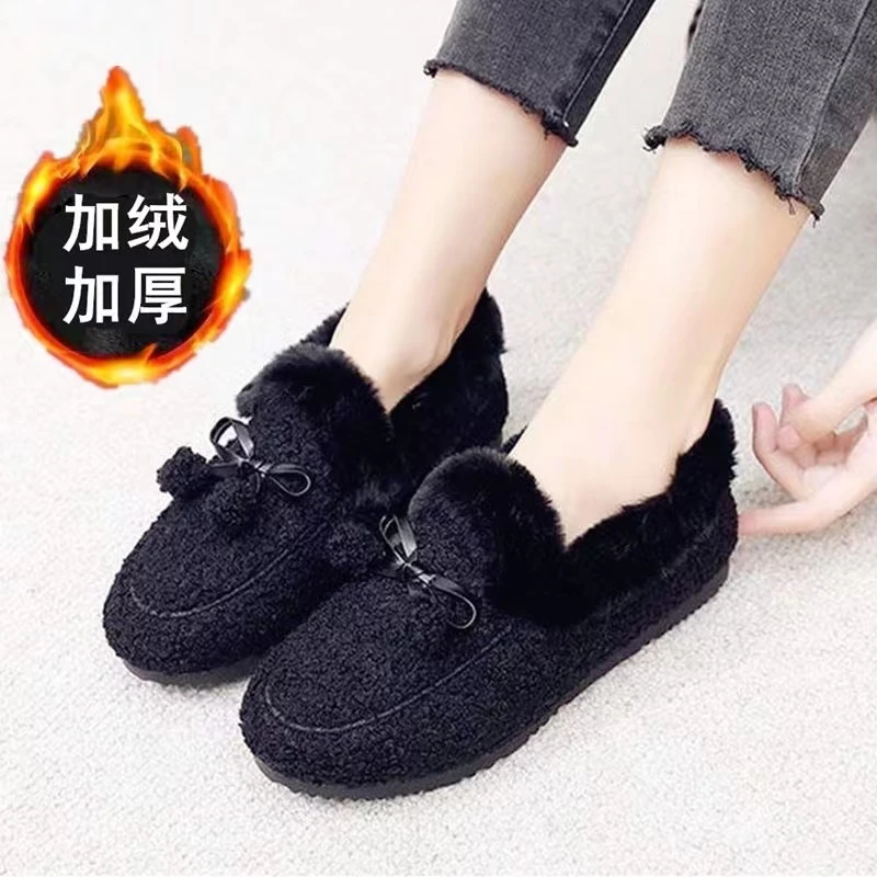 【买一送一】女毛毛鞋一脚蹬加绒懒人鞋棉雪地靴鞋子韩版软底棉鞋Z