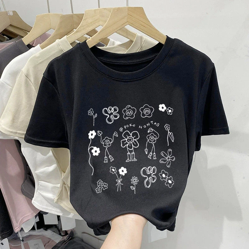 正肩圆领短袖t恤女2024新款洋气时尚百搭黑色上衣薄款打底衫夏季