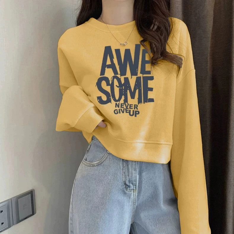 圆领套头短款高腰卫衣女加绒加厚秋冬长袖上衣显瘦小个子春秋薄款