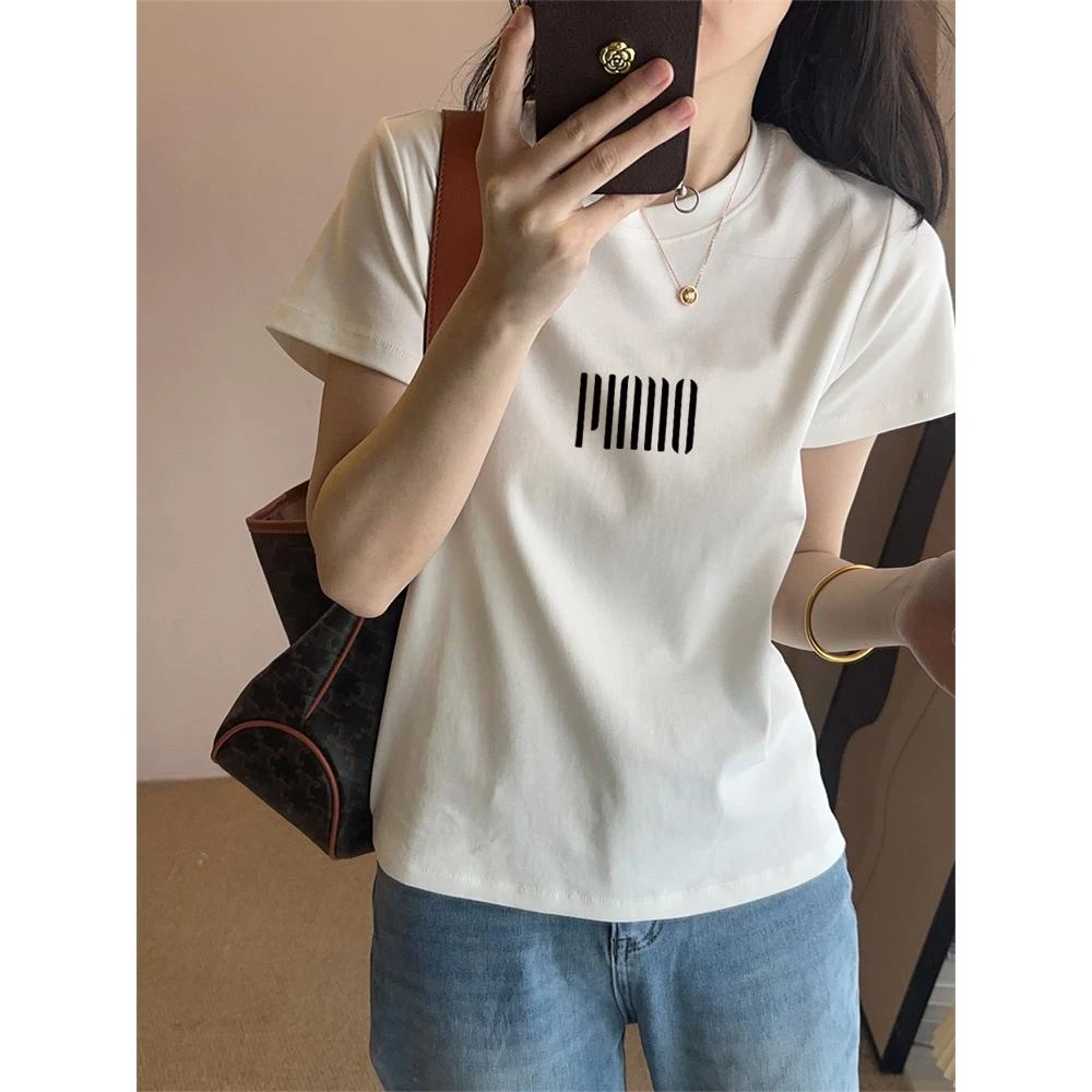 2025新款正肩圆领短袖t恤女时尚百搭洋气显瘦白色上衣打底衫夏季