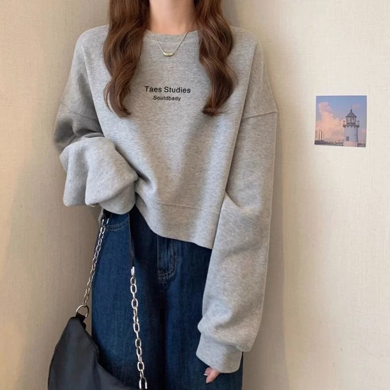 圆领套头短款卫衣女加绒加厚秋冬上衣宽松高腰显瘦小个子春秋薄款