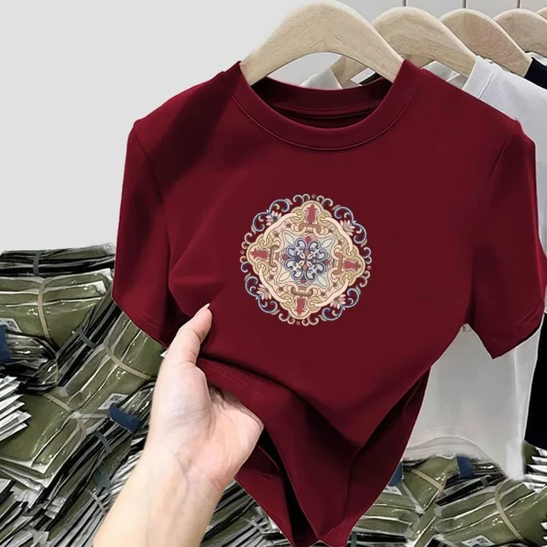 2026新款正肩磨毛纯棉短袖T恤女百搭减龄显瘦酒红色打底衫秋冬季