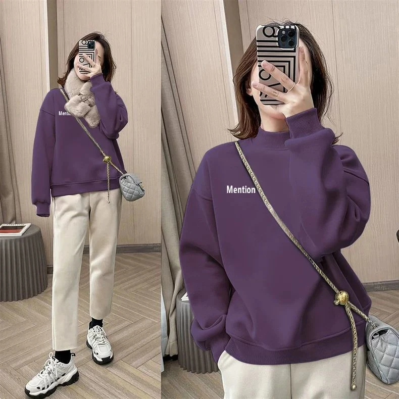 新款秋冬季半高领卫衣女时尚爆款加绒加厚欧货洋气宽松打底衫上衣