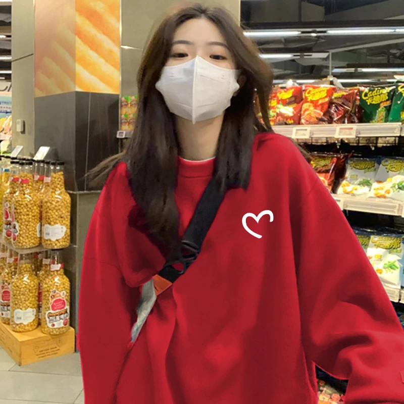 红色卫衣春秋印花百搭圆领加绒卫衣女2025新款百搭宽松慵懒风卫衣