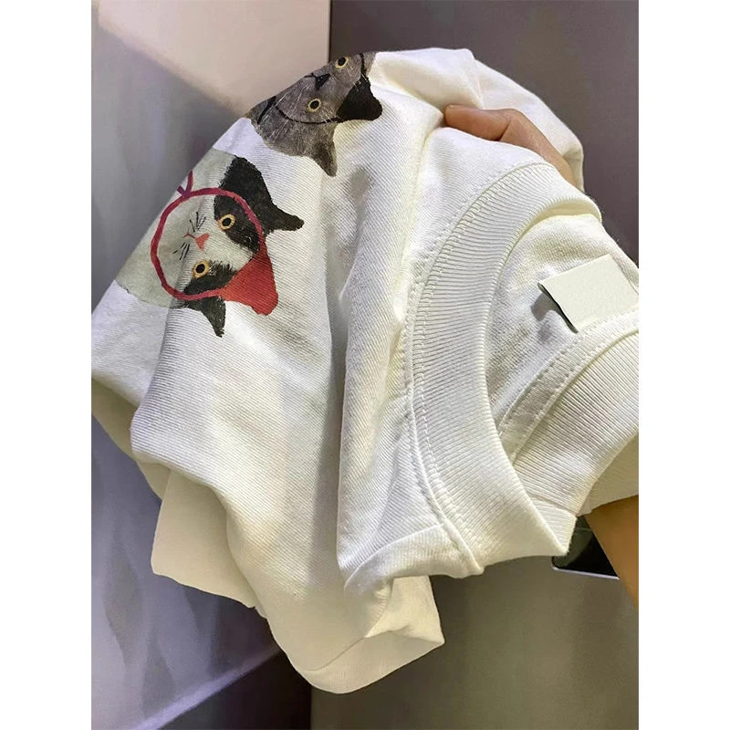 短袖白色T恤夏季新款百搭男女宽松小猫印花学生百搭薄款上衣ins潮