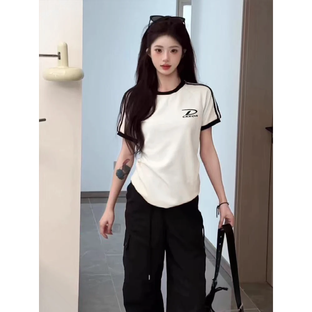 美式复古奥戴尔棉三杠条纹短款修身时尚百搭短袖t恤上衣女