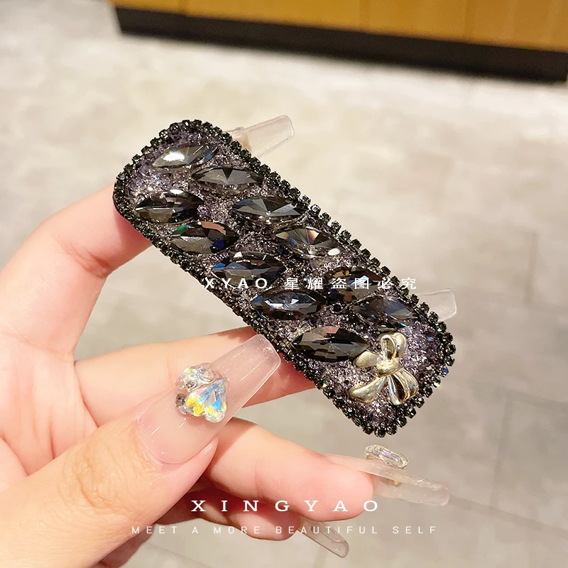 XYAO F434气质马眼黑色高级感蝴蝶结方形发夹满钻刘海侧边夹