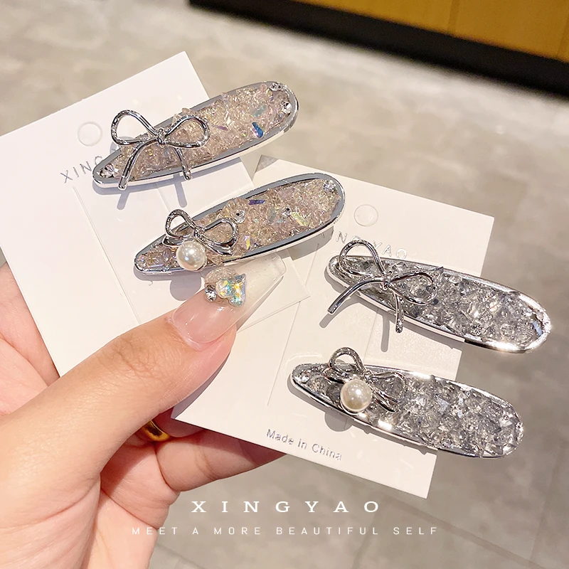XYAO F371水滴水晶彩色韩系气质简约可爱蝴蝶结减龄碎发夹侧边夹