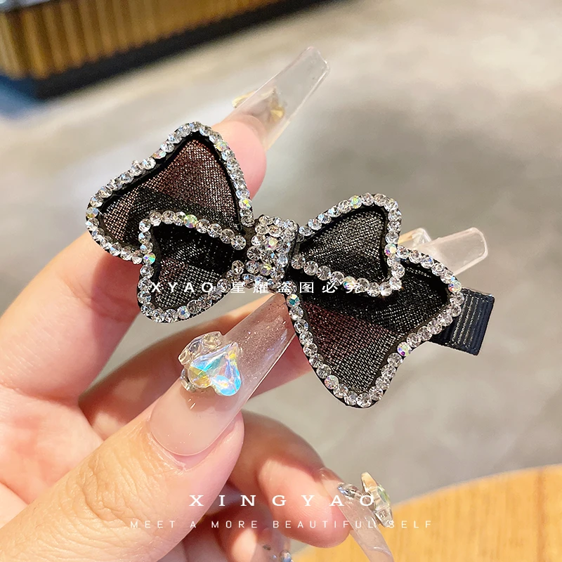XYAO F394满钻闪亮蝴蝶结气质黑色网纱侧边刘海气质半扎发卡发夹