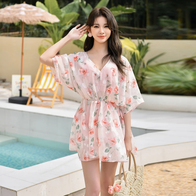 游泳显瘦分体比基尼三件套泳装温泉沙滩遮肚保守大码碎花性感钢托