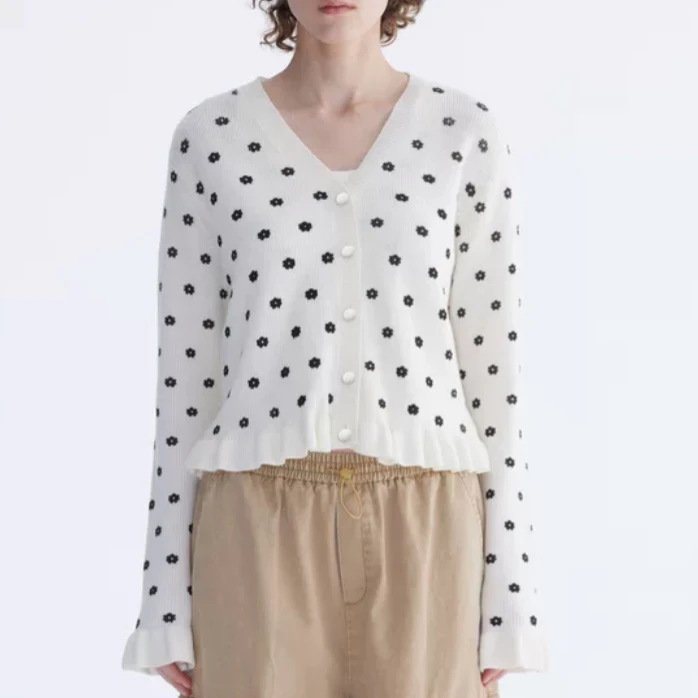 【ICEDUST】ICE 24 早秋花朵满印V领荷叶边针织开衫外套上衣女士