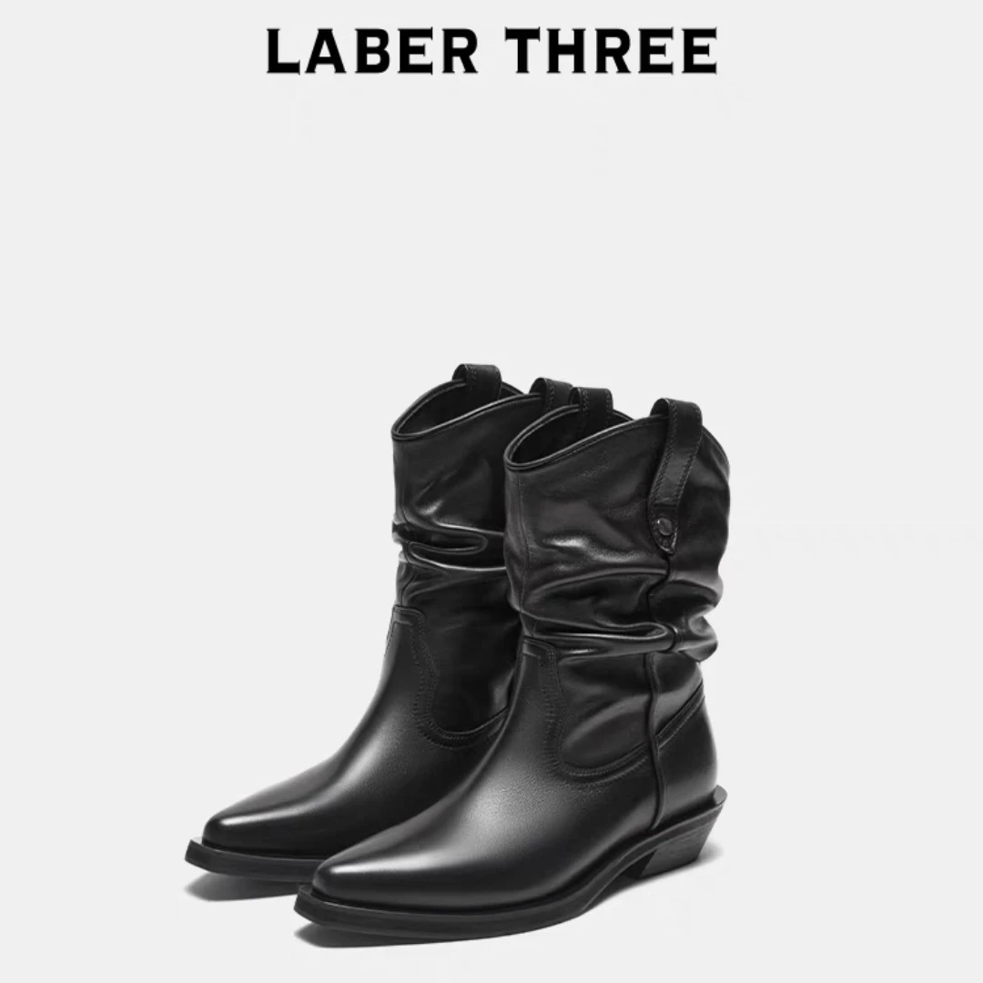 LABER THREE复古西部牛仔褶皱堆堆靴小众辣妹女靴