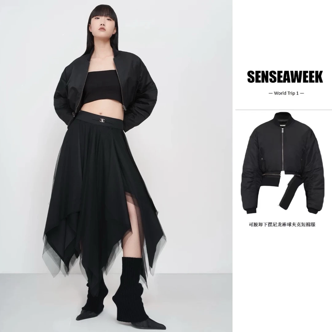 【SENSEAWEEK】24秋冬新品宽松显高可脱卸下摆尼龙棒球夹克短棉服