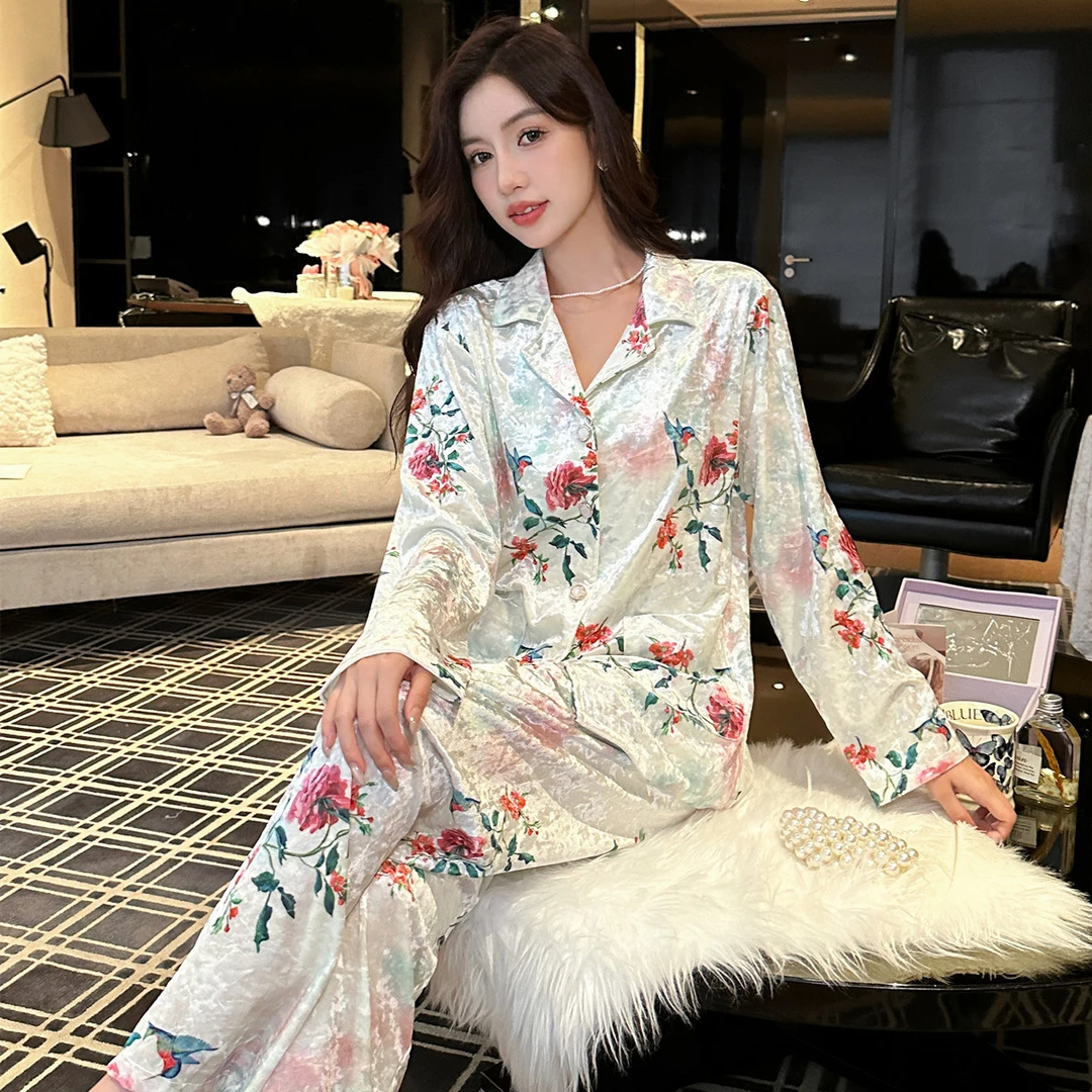 新款秋冬金丝绒宽松睡衣套装网红长袖长裤高贵奢华印花家居服外穿