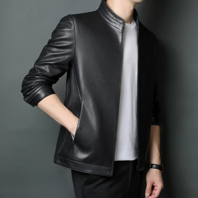 海宁男士牛皮36休闲商务外套年秋冬新款轻奢中青年上衣立领夹克