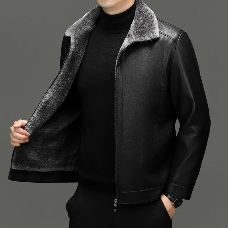 海宁真皮M2365中老年男士加绒加厚翻领中年高端夹克冬款保暖外套