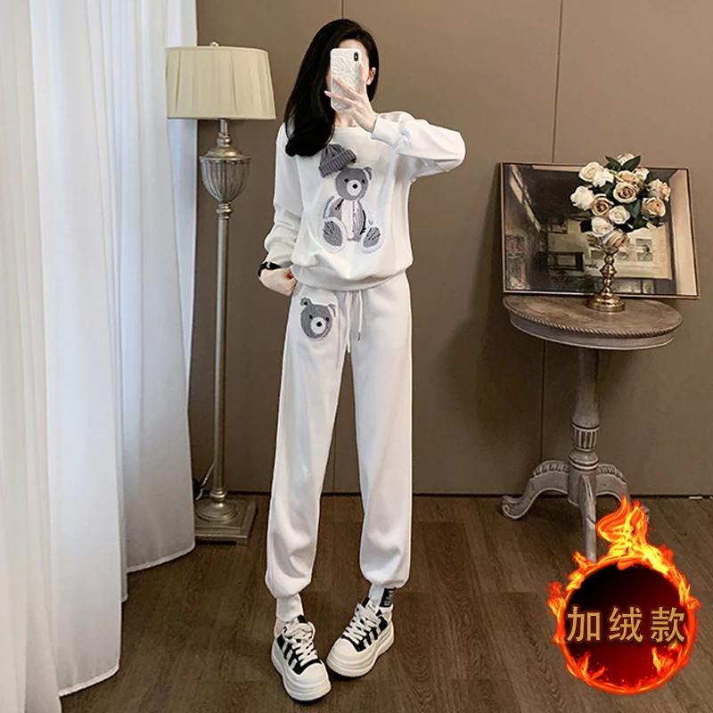潮流时尚休闲运动套装2025女秋冬新款加绒小熊圆领卫衣卫裤两件套