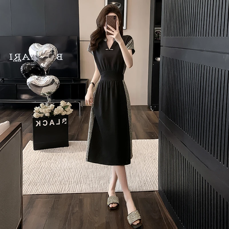 薏丝妮高级感时尚气质连衣裙女夏季修身显瘦洋气黑色短袖中长款裙
