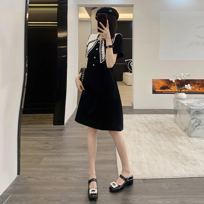 名媛风气质显瘦连衣裙女夏季2023新款拼色大翻领黑色气质中长裙