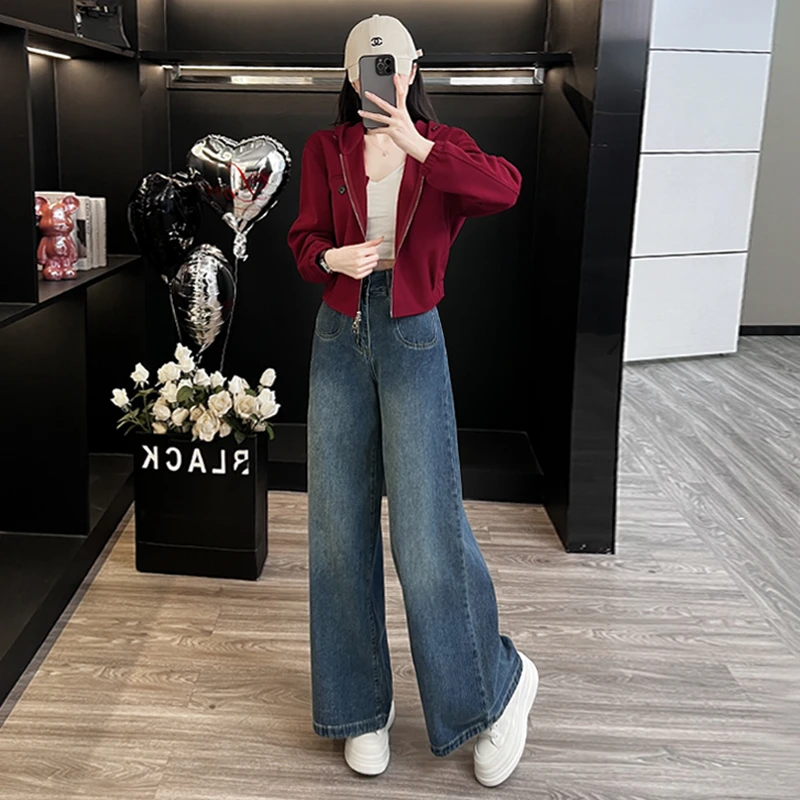 整套穿搭时尚阔腿牛仔裤套装女秋新款洋气减龄连帽开衫卫衣两件套