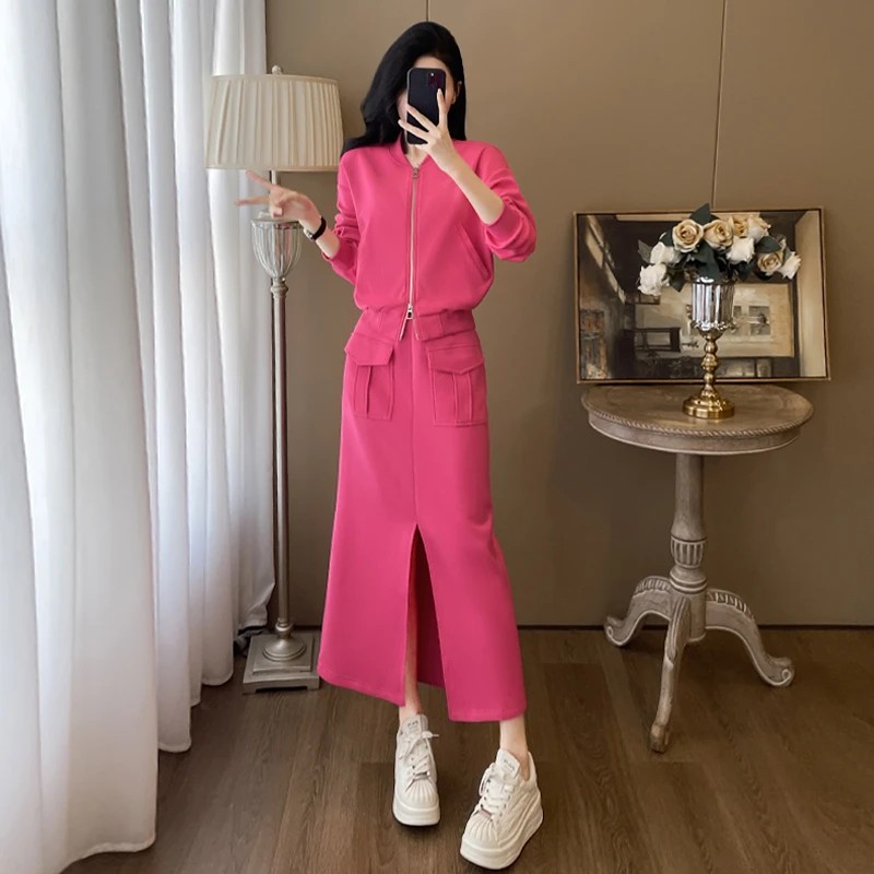 时尚气质休闲套装女秋季修身显瘦拉链开衫外套开叉半身裙两件套潮