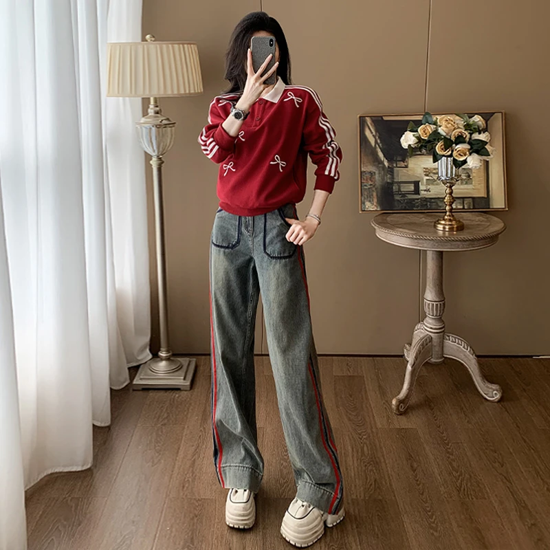 潮牌穿搭时尚套装女秋季新款学院风红色长袖卫衣阔腿牛仔裤两件套