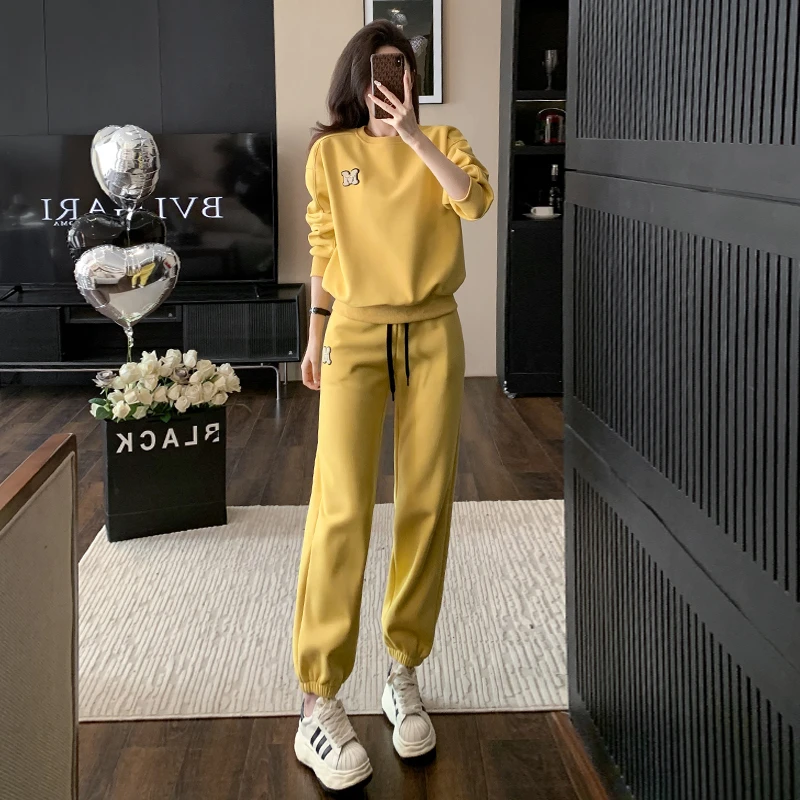 2024女春季新款运动服套装时尚宽松显瘦圆领卫衣束脚卫裤两件套潮