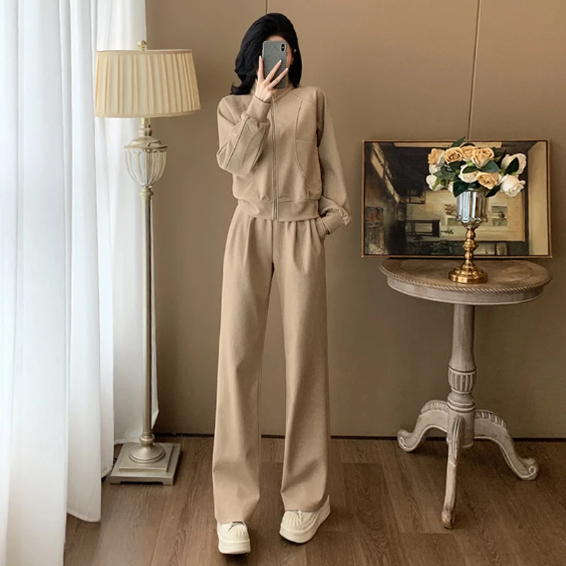 休闲运动套装女秋新款韩版时尚洋气修身显瘦开衫上衣阔腿裤两件套