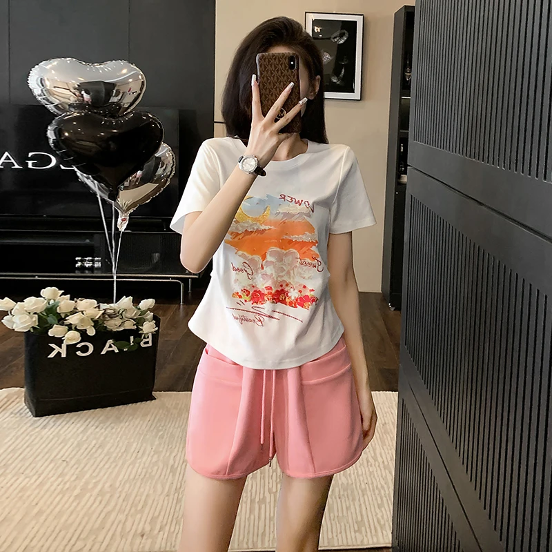 休闲运动短裤套装女夏季新款时尚洋气重工烫钻印花短袖两件套