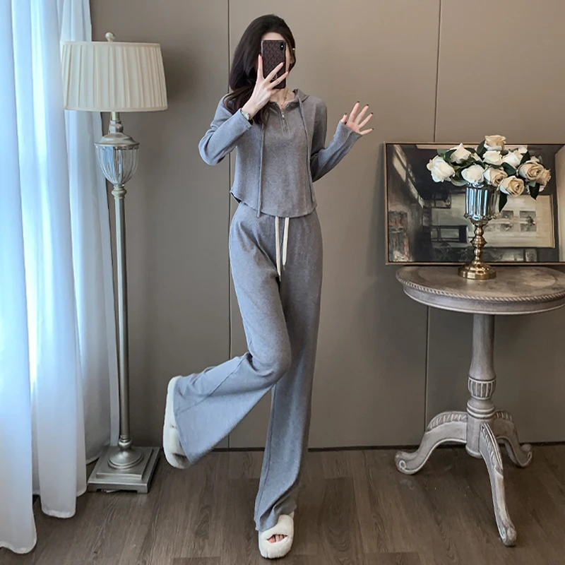 休闲运动套装女春季2024新款半拉链收腰连帽卫衣阔腿长裤两件套潮