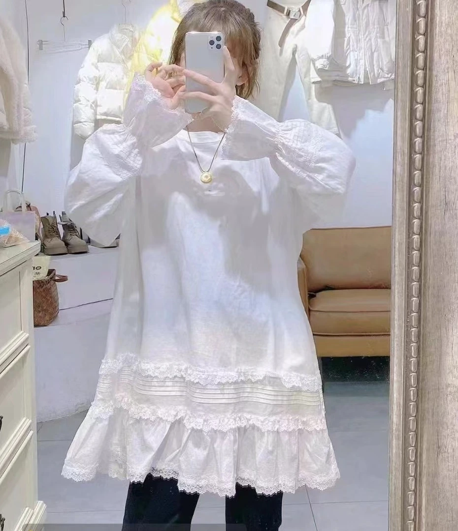 8090T恤秋冬季新款简约百搭t拼蕾丝宽松中长款纯色衬衣女上衣裙