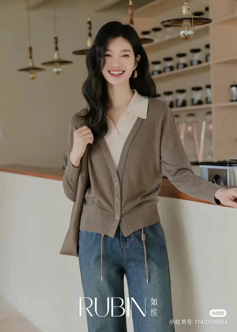 拼色POLO领假两件针织衫女套头撞色洋气减龄毛衣