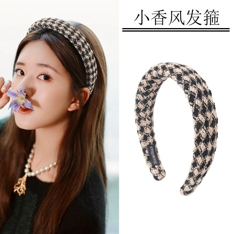 布艺发饰 金丝镶边千鸟格发箍海绵高颅顶显脸小头箍复古宽边发卡