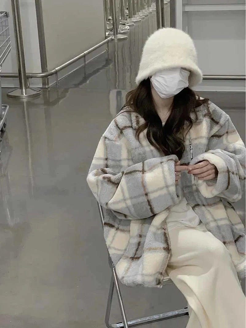 秋冬复古小香风格子立领长袖加绒毛呢外套女季中长款宽松百搭上衣