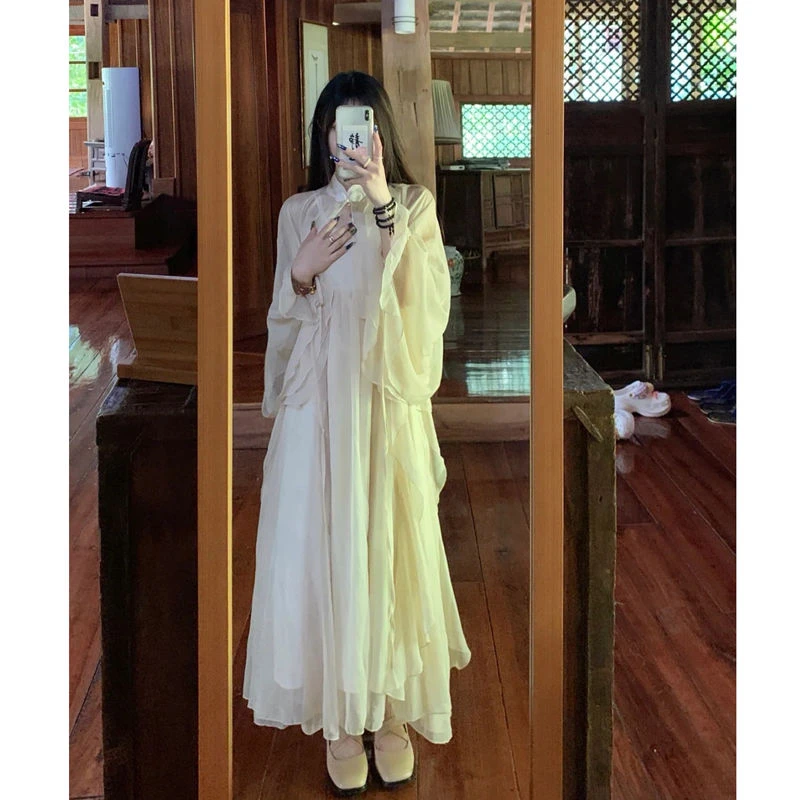 中国风套装女装秋季新款很仙的外搭开衫吊带连衣裙两件套