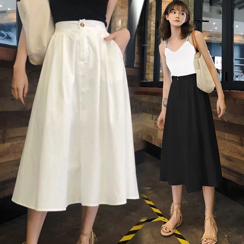 高腰显瘦半身裙女装春夏季新款百搭垂感小个子纯色中长款A字裙子