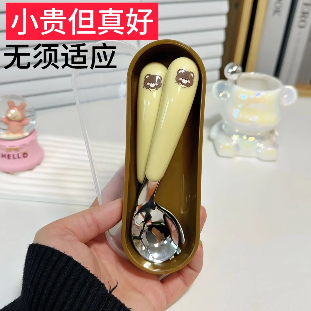 不锈钢叉勺宝宝自主学吃饭婴儿短柄初学者便携外出弯头辅食勺